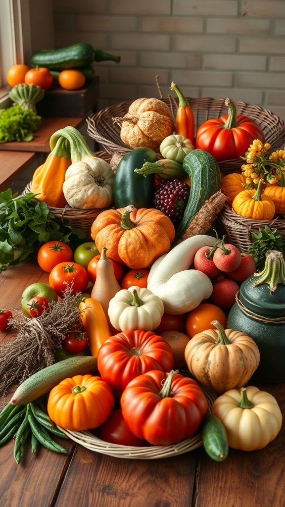 A vibrant display of colorful vegetables and fruits on a farmhouse kitchen table.