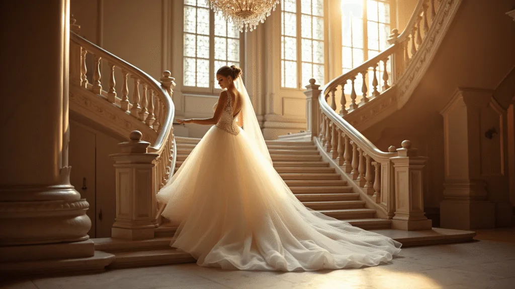 A bride in a classic white princess ballgown with delicate beading and a cathedral veil descends a grand marble staircase in an ornate castle, illuminated by golden hour sunlight streaming through tall windows.