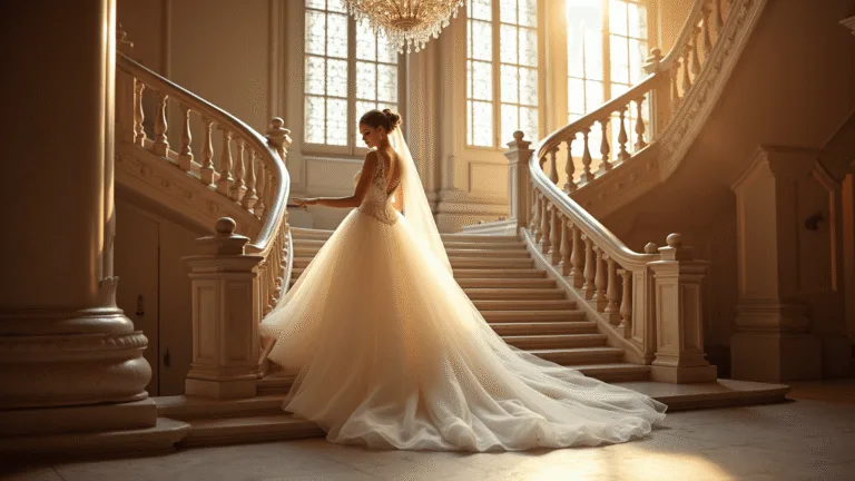 A bride in a classic white princess ballgown with delicate beading and a cathedral veil descends a grand marble staircase in an ornate castle, illuminated by golden hour sunlight streaming through tall windows.