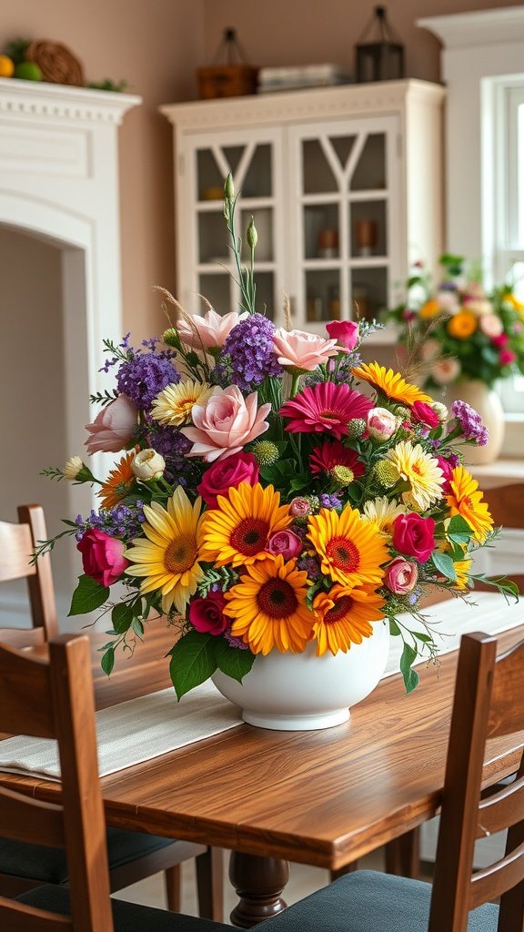 A vibrant floral arrangement featuring sunflowers, roses, and daisies in a white vase on a farmhouse kitchen table.