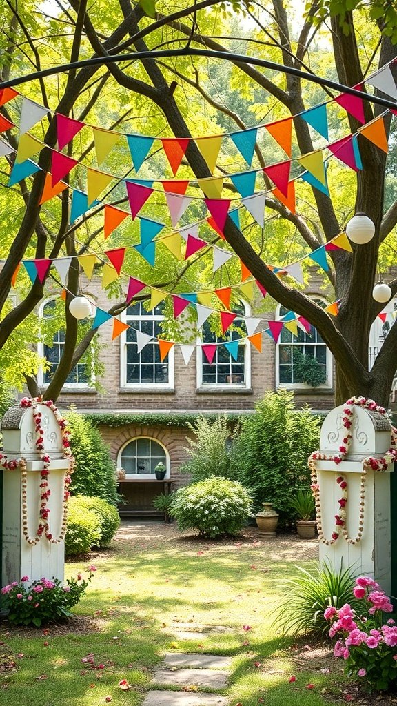 Colorful bunting and flower garlands decorate a garden party setting.
