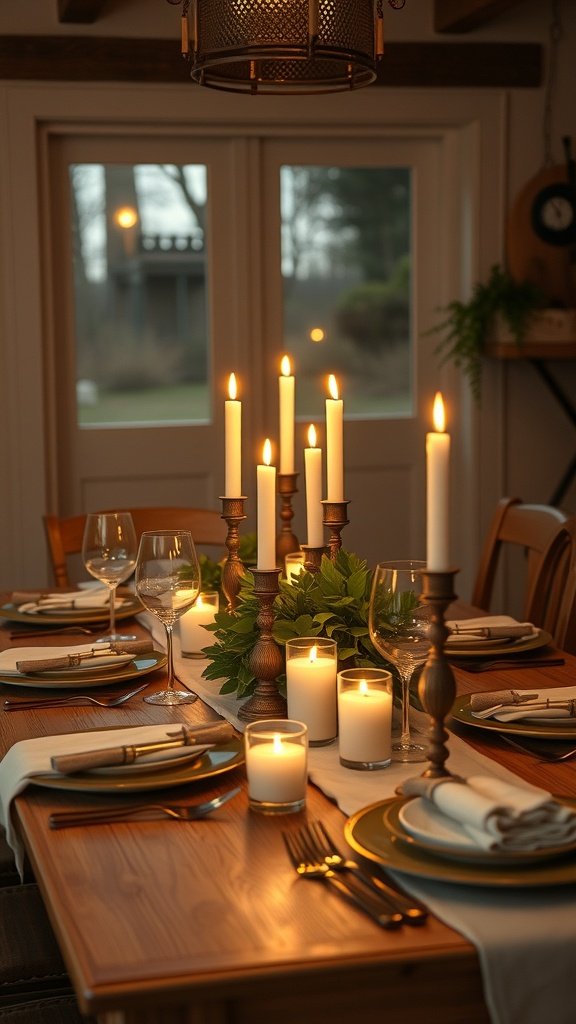 A beautifully set farmhouse kitchen table with candles, greenery, and elegant dinnerware.