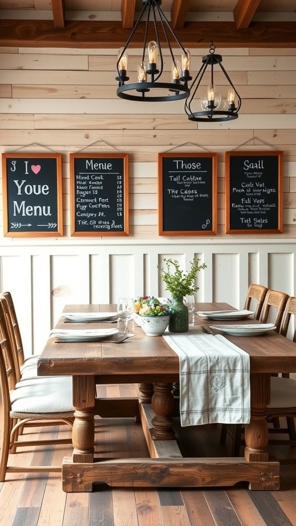 A cozy farmhouse kitchen table setting with chalkboard menu signs on the wall.