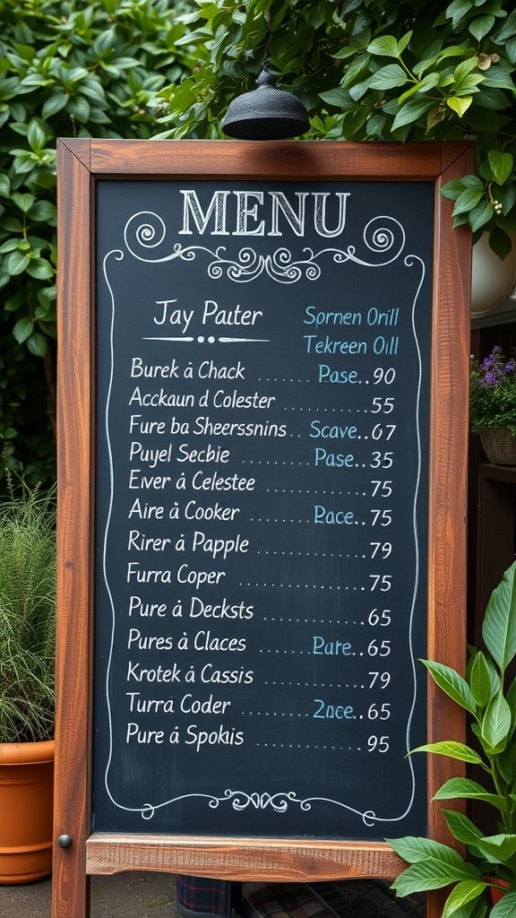 A chalkboard menu displaying various dishes and prices, surrounded by greenery.
