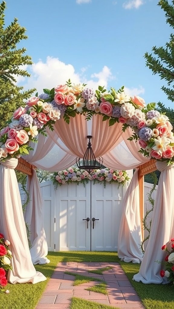 A beautiful garden arch decorated with flowers and drapes, leading to a white gate.