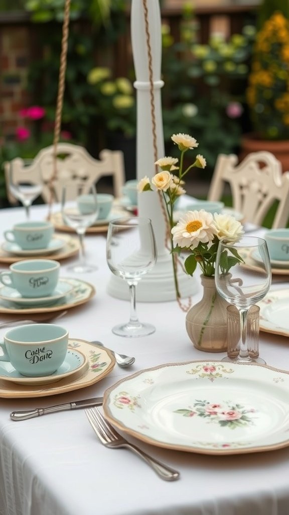 A beautifully set table with vintage tableware, including floral plates and cups, surrounded by greenery.