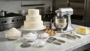 A bright, cinematic kitchen scene showcasing a pristine marble countertop prepared for a classic white wedding cake, with organized ingredients, a KitchenAid stand mixer, and tiered cake pans, illuminated by morning light.