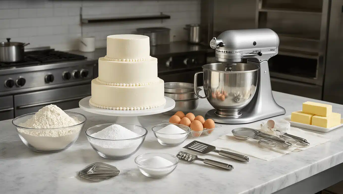A bright, cinematic kitchen scene showcasing a pristine marble countertop prepared for a classic white wedding cake, with organized ingredients, a KitchenAid stand mixer, and tiered cake pans, illuminated by morning light.