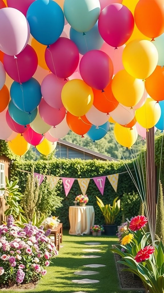 Color coordinated balloons in a garden party setting with flowers and decorations.
