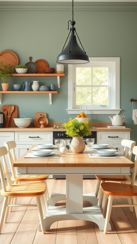A farmhouse kitchen with a wooden table set for a meal, featuring light green walls and warm wooden accents.