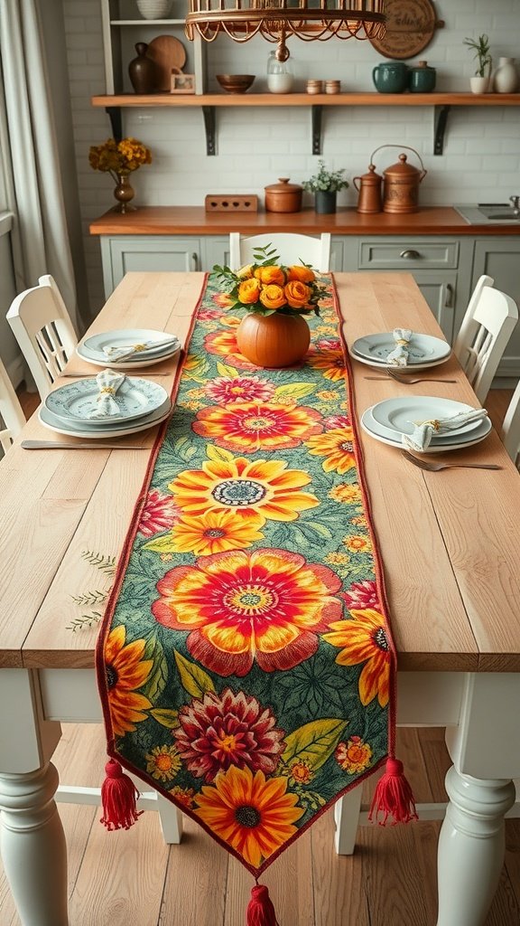 A colorful floral table runner on a farmhouse kitchen table, with plates and a vase of flowers.