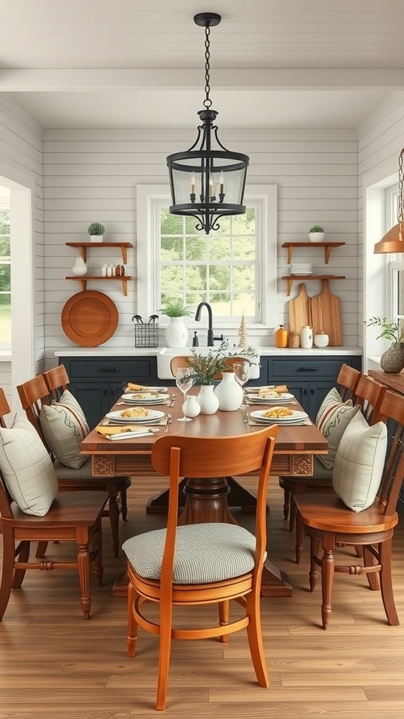 A cozy farmhouse kitchen with a wooden table set for dining, featuring comfortable chairs with cushions.