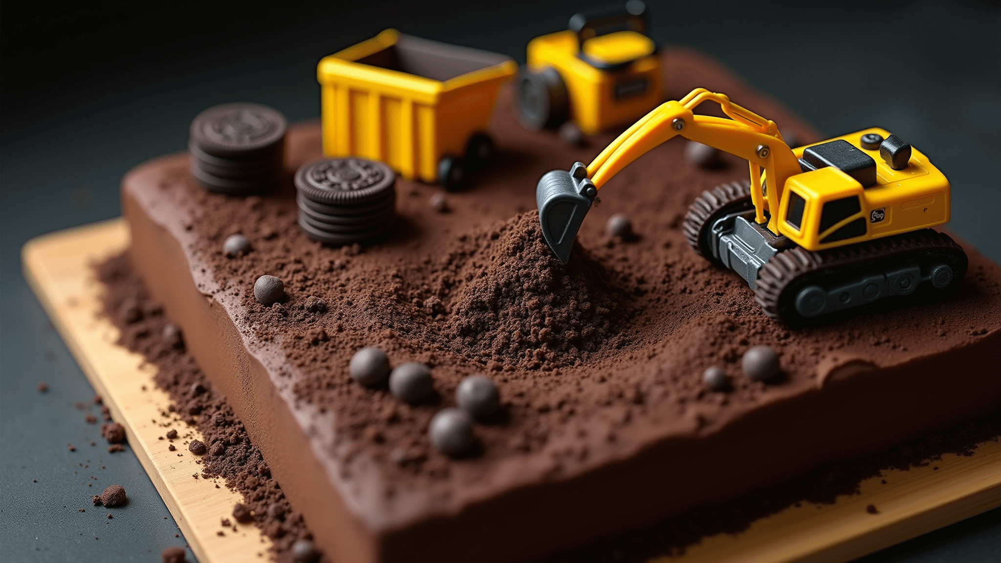 Photorealistic close-up of a chocolate construction site cake with rich frosting, featuring yellow toy construction vehicles actively working among crushed Oreo cookie dirt and chocolate rocks, dramatic lighting and a blurred background.