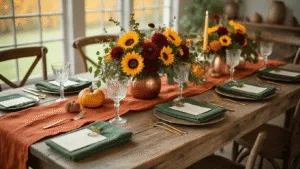 A warm-toned photograph of a rustic Friendsgiving table setting with a wooden farmhouse table, layered napkins, gold cutlery, and a vibrant centerpiece of flowers, surrounded by friends in a cozy living room adorned with string lights.
