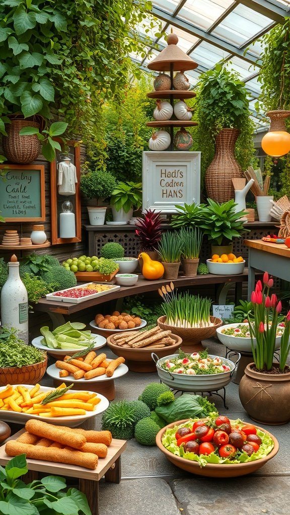 A beautifully arranged food station with fresh vegetables, fruits, and decorative elements in a garden setting.