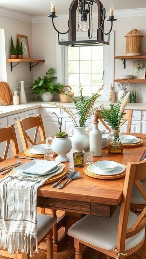 A beautifully set farmhouse kitchen table with plates, glassware, and decorative elements.