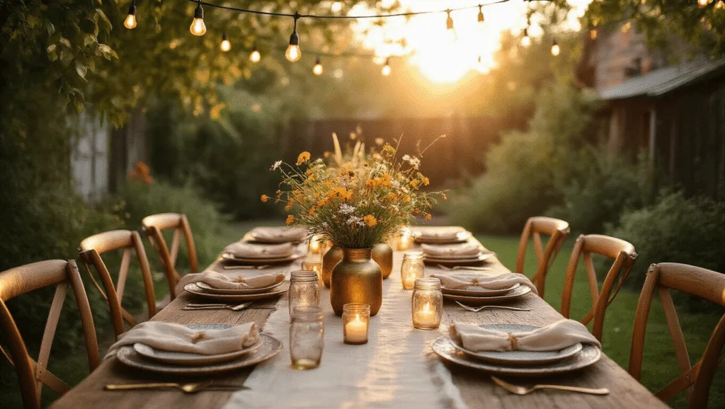 A dreamy backyard dinner party at golden hour, featuring a long wooden farmhouse table set with vintage plates, wildflower centerpieces, and warm string lights overhead, surrounded by lush greenery and a rustic bar cart.