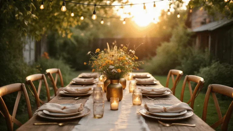 A dreamy backyard dinner party at golden hour, featuring a long wooden farmhouse table set with vintage plates, wildflower centerpieces, and warm string lights overhead, surrounded by lush greenery and a rustic bar cart.