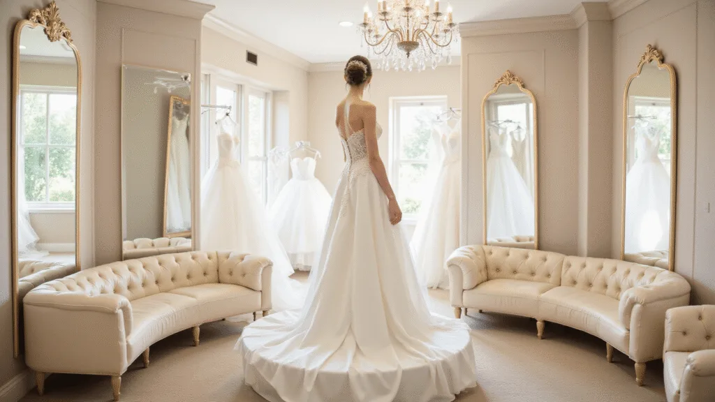 A bride in an ivory ballgown stands on a raised platform in a sunlit bridal fitting room, surrounded by triple mirrors and illuminated by a sparkling crystal chandelier, with elegant cream seating and softly blurred wedding gowns in the background.