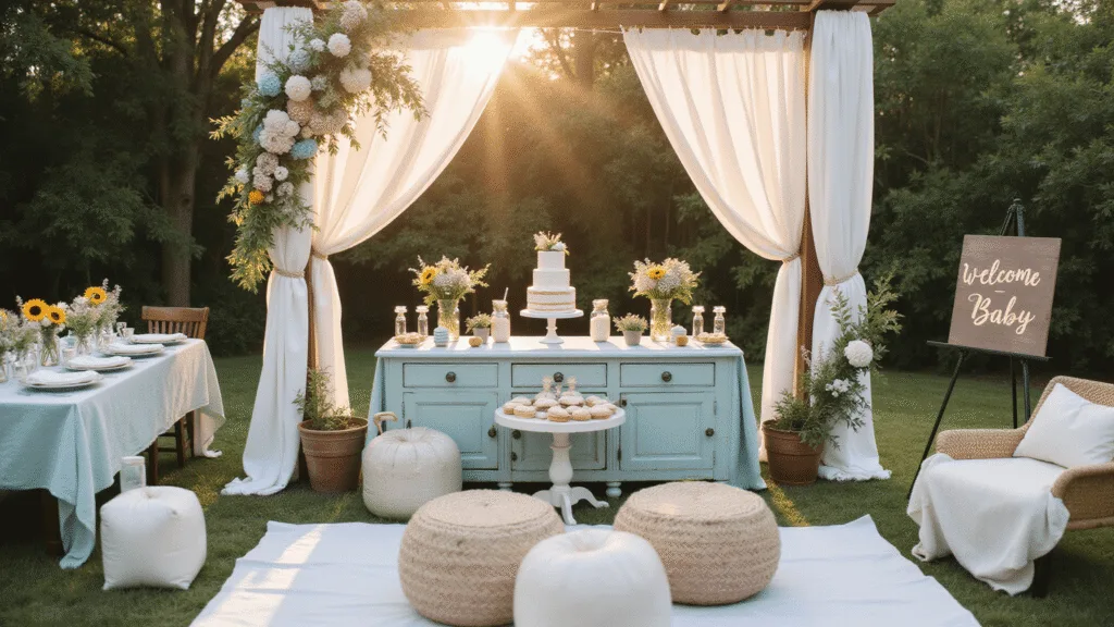 A stylish outdoor baby shower in a sunlit garden, featuring a rustic pergola draped in white fabric and fairy lights, vintage farmhouse tables with wildflower centerpieces, a pastel balloon arch, and a charming dessert station with a naked cake and macarons, all captured in soft bokeh and warm golden hour light.