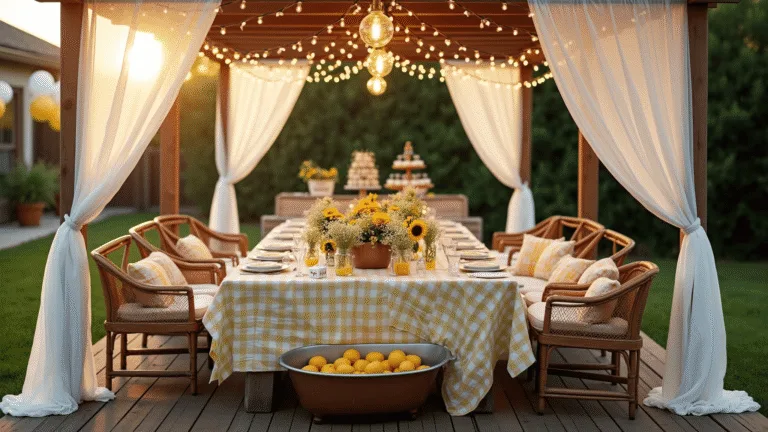 A beautifully arranged backyard baby shower setup at golden hour, featuring a long farmhouse table under a wooden pergola with chiffon draping, vintage mason jar centerpieces, a copper bathtub with beverages, and a dessert station with ice cream and cupcakes, all illuminated by warm market lights and surrounded by lush garden greenery.