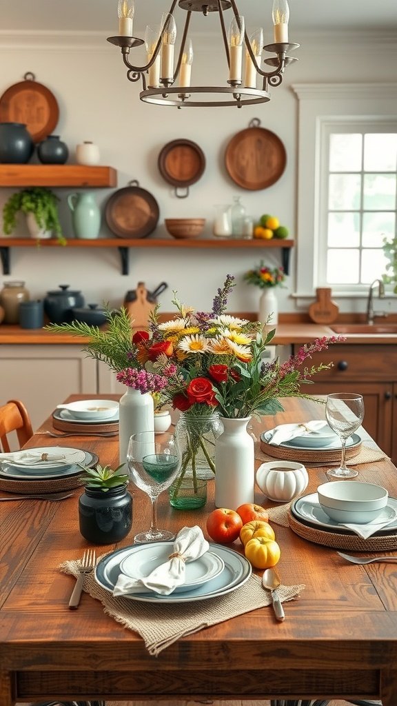 A beautifully set farmhouse kitchen table with an eclectic centerpiece featuring flowers, fruits, and various tableware.