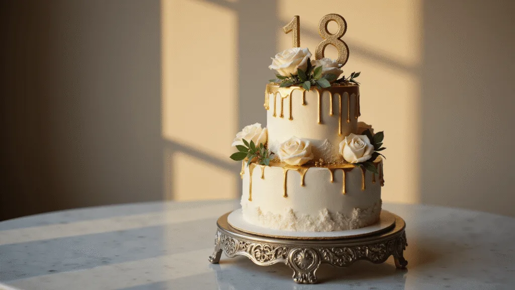 Photorealistic image of an elegant three-tiered 18th birthday cake with gold accents, featuring a white-to-gold ombré finish, gold drip details, and hand-piped rosettes. Adorned with a metallic "18" topper and fresh roses on a silver cake stand, set against a softly blurred background in golden hour lighting.
