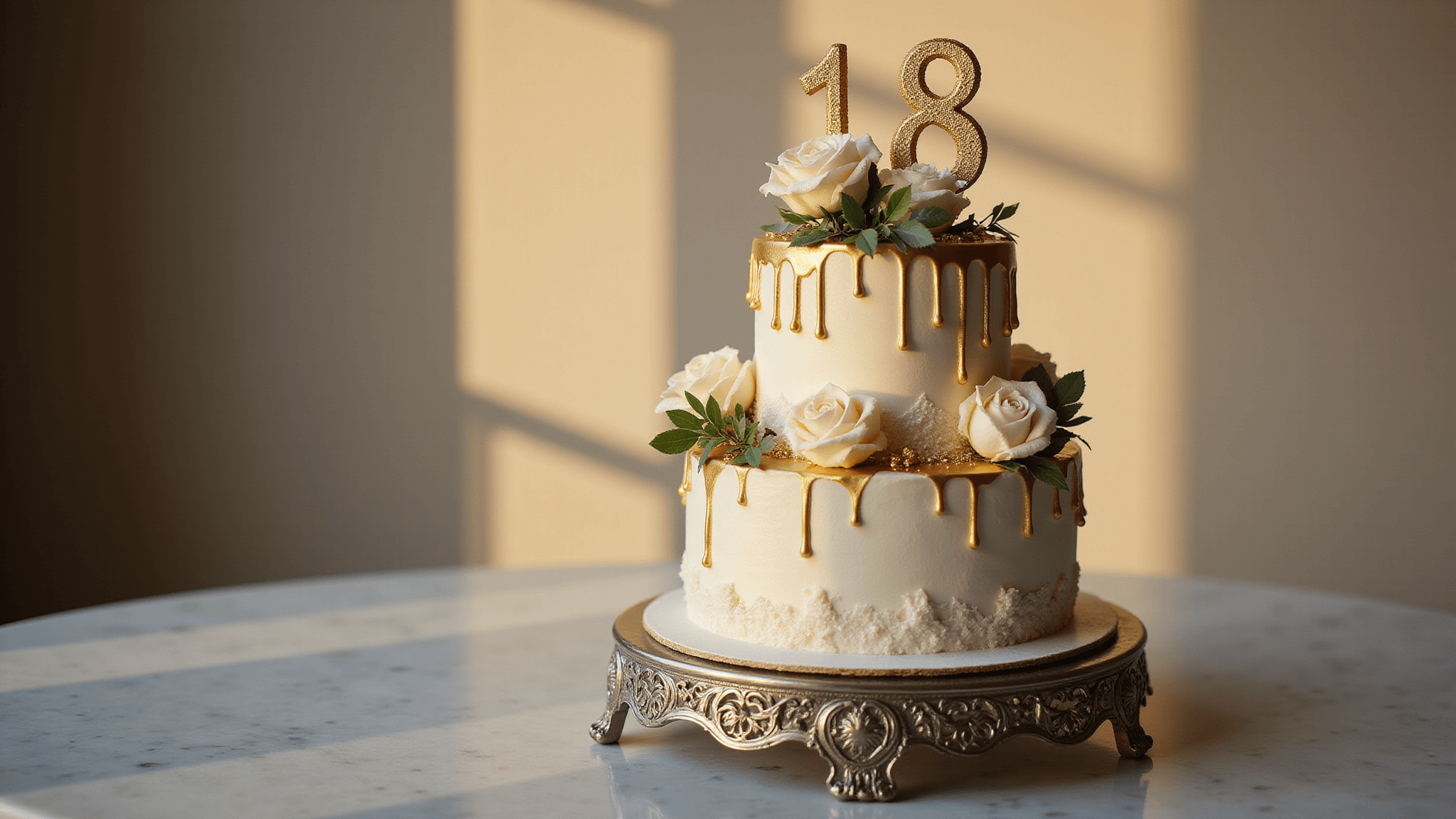 Photorealistic image of an elegant three-tiered 18th birthday cake with gold accents, featuring a white-to-gold ombré finish, gold drip details, and hand-piped rosettes. Adorned with a metallic "18" topper and fresh roses on a silver cake stand, set against a softly blurred background in golden hour lighting.