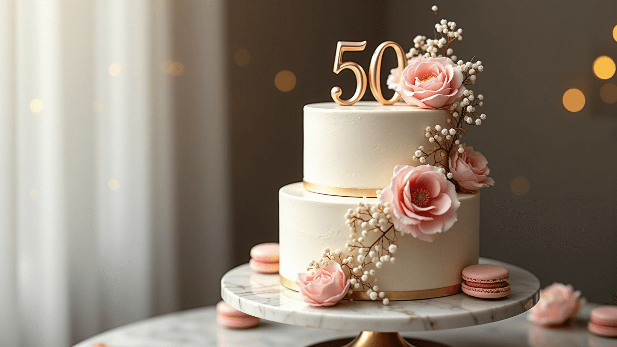 A luxurious three-tiered 50th birthday cake adorned with gold roses on a marble stand, featuring pearl-white Swiss meringue buttercream, gold leaf accents, blush pink garden roses, and a rose gold "50" topper, captured in soft natural lighting with elegant champagne bokeh in the background.
