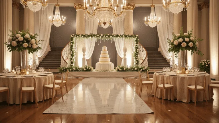 Photorealistic image of a luxurious anniversary celebration in a grand ballroom, featuring champagne silk-draped tables with floral centerpieces, a marble staircase adorned with fairy lights, and a grand wedding cake, all illuminated by warm golden hour lighting.