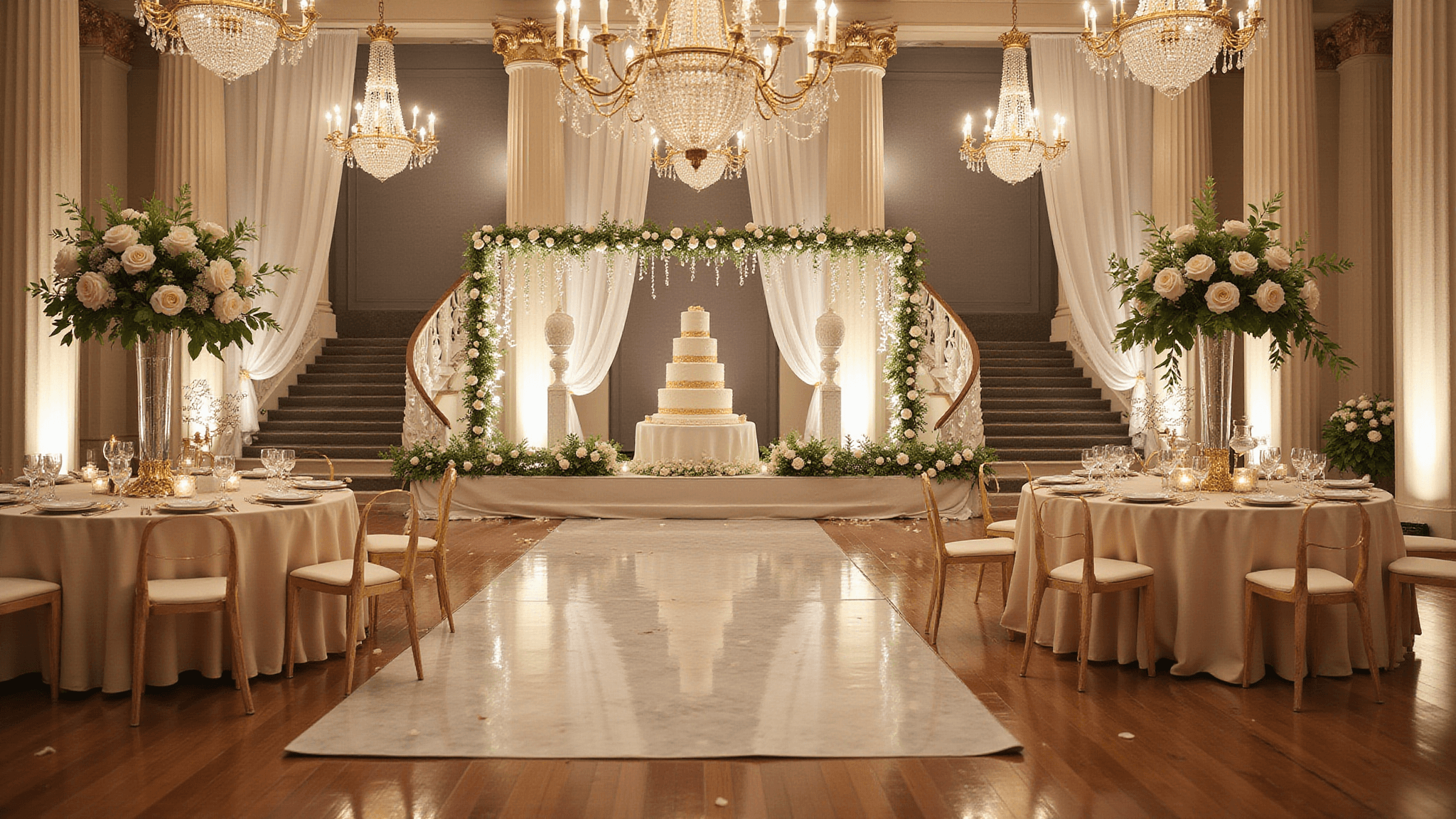 Photorealistic image of a luxurious anniversary celebration in a grand ballroom, featuring champagne silk-draped tables with floral centerpieces, a marble staircase adorned with fairy lights, and a grand wedding cake, all illuminated by warm golden hour lighting.