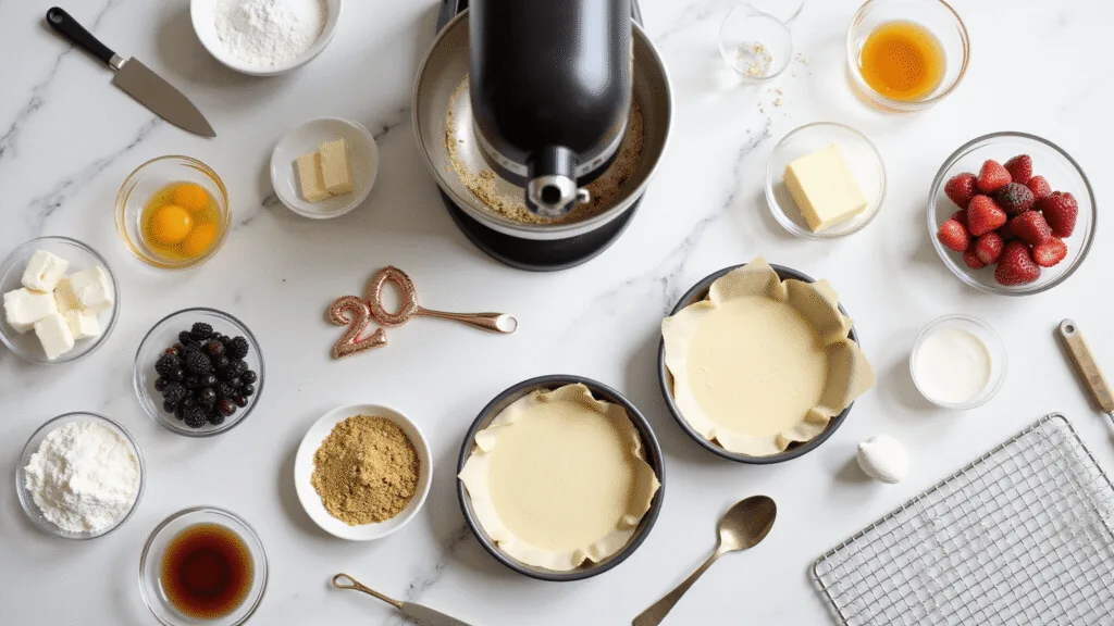 A cinematic overhead view of an elegant 20th birthday cake preparation scene on a marble countertop, with neatly arranged baking ingredients, tools, and decorative elements like fresh berries and a rose gold '20' cake topper.
