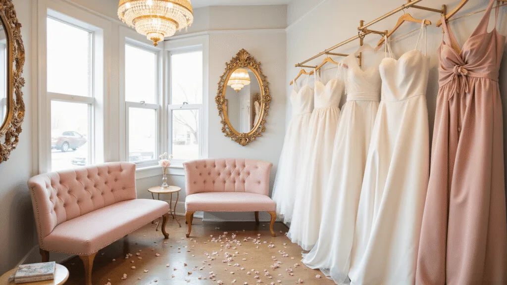 Elegant bridal boutique showcasing a variety of engagement dresses, featuring soft natural light, antique gold mirrors, and romantic decor like rose petals and pearl accessories.