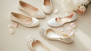 Aerial view of elegant bridal flats on a cream plush carpet, featuring satin, silk, and lace textures with pearl and crystal embellishments, surrounded by scattered rose petals and vintage lace trim in soft morning light.