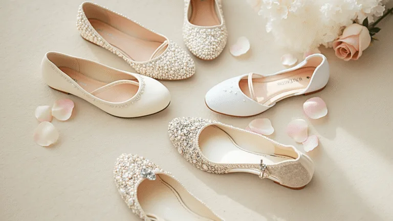 Aerial view of elegant bridal flats on a cream plush carpet, featuring satin, silk, and lace textures with pearl and crystal embellishments, surrounded by scattered rose petals and vintage lace trim in soft morning light.