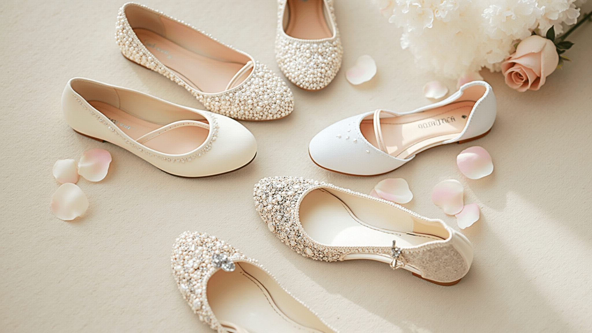 Aerial view of elegant bridal flats on a cream plush carpet, featuring satin, silk, and lace textures with pearl and crystal embellishments, surrounded by scattered rose petals and vintage lace trim in soft morning light.