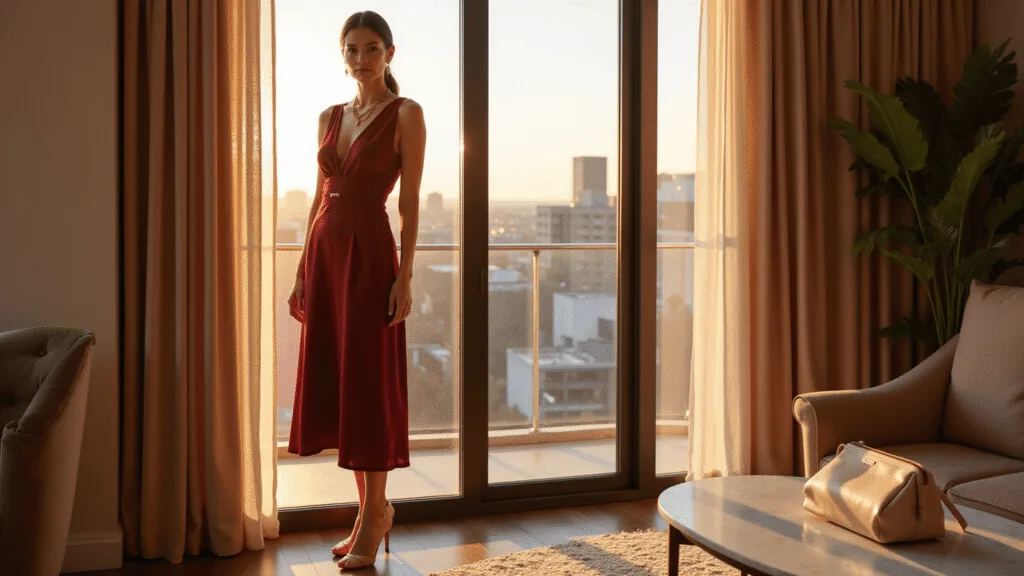A woman in a burgundy silk midi dress stands in a penthouse at golden hour, with floor-to-ceiling windows and warm natural light highlighting her elegant look and modern decor.