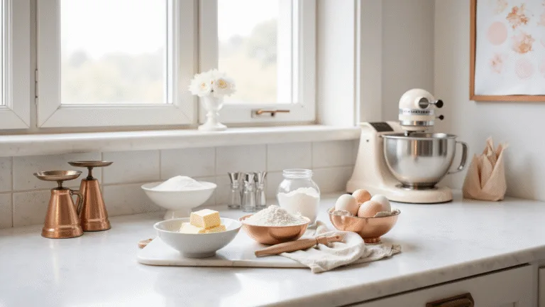 Photorealistic baking studio with a white marble countertop, featuring baking ingredients in vintage bowls, a copper stand mixer, and a mood board of pastel cake designs, illuminated by natural light.