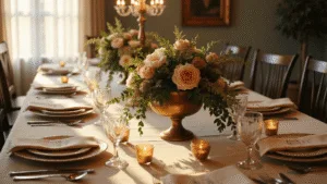 Elegant dinner party table setting during golden hour featuring a rectangular table with an ivory silk tablecloth, vintage bone china plates, crystal stemware, polished silver cutlery, and a floral centerpiece of garden roses and peonies. Mercury glass votives and a crystal chandelier provide warm lighting, with champagne-colored napkins and modern calligraphy place cards, shot in 8K resolution with a focus on depth of field.