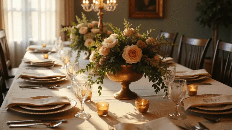 Elegant dinner party table setting during golden hour featuring a rectangular table with an ivory silk tablecloth, vintage bone china plates, crystal stemware, polished silver cutlery, and a floral centerpiece of garden roses and peonies. Mercury glass votives and a crystal chandelier provide warm lighting, with champagne-colored napkins and modern calligraphy place cards, shot in 8K resolution with a focus on depth of field.