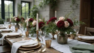 A luxurious dinner party tablescape featuring a rustic wooden table with a white linen tablecloth, elegant vintage gold-rimmed china, crystal stemware, and antique brass cutlery. The centerpiece showcases seasonal flowers in jewel tones with mercury glass vases, surrounded by scattered brass candleholders with white tapers. The soft natural lighting and blurred conservatory background enhance the intimate and sophisticated atmosphere.