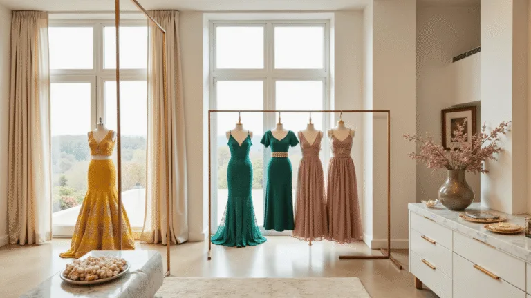 Brightly lit luxury boutique interior showcasing a curated display of engagement dresses, including a yellow lehenga with gold embroidery, an emerald saree-gown, and a dusty rose mermaid dress, with crystal accessories and pearl details on a marble counter.
