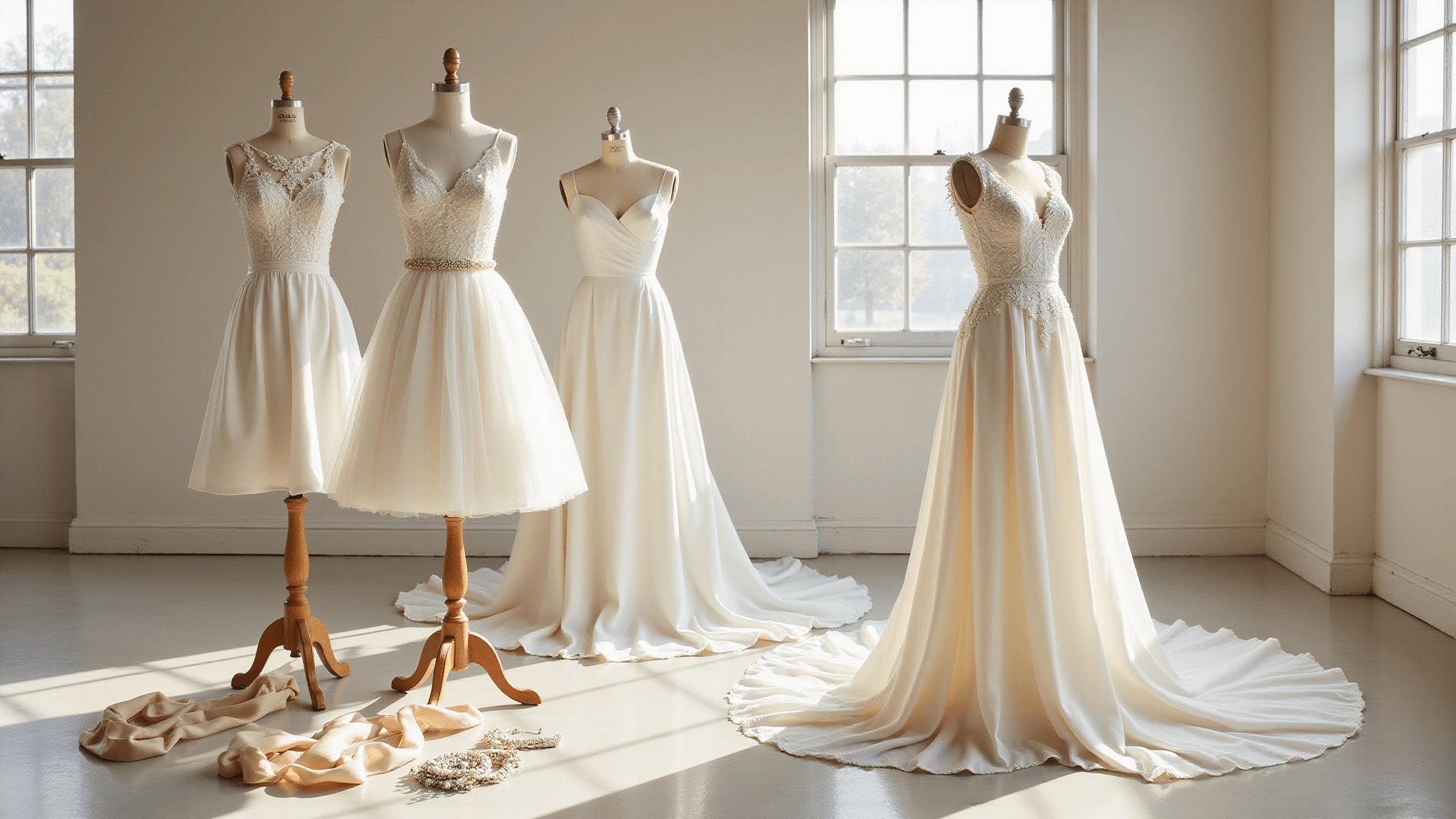 Elegant white engagement dresses displayed on mannequins in a sunlit studio, featuring a lace mini dress, satin midi dress, and flowing chiffon maxi dress, with pearl and crystal accessories and champagne-colored silk ribbons.