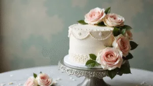Photorealistic single-tier wedding cake with white Swiss meringue buttercream, adorned with blush pink and ivory roses, on an ornate silver cake stand.