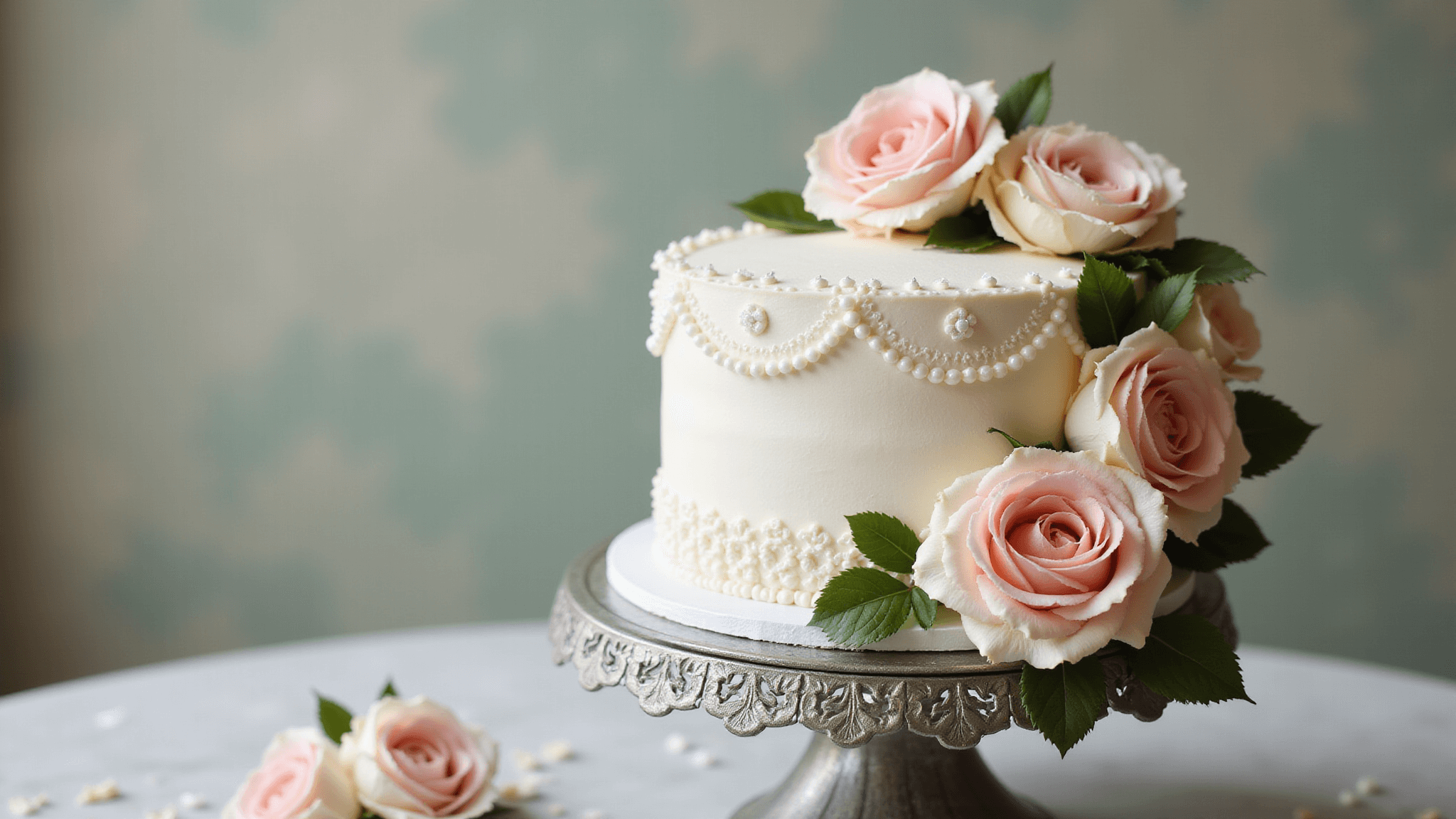Photorealistic single-tier wedding cake with white Swiss meringue buttercream, adorned with blush pink and ivory roses, on an ornate silver cake stand.