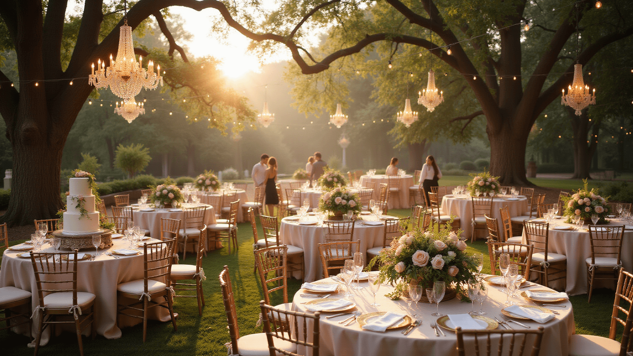 A romantic garden anniversary celebration at sunset, featuring elegant tables with blush silk linens, lush floral centerpieces, vintage-inspired place settings, and a classic three-tiered cake, all under a string light canopy amidst mature oak trees, with well-dressed guests mingling in the background.