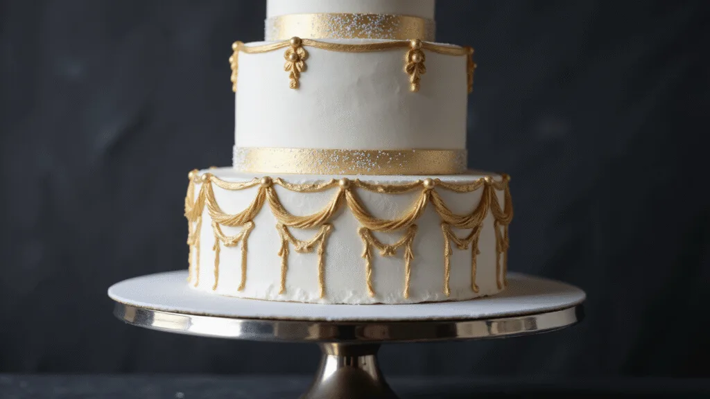 Majestic 4-tier white wedding cake with smooth buttercream finish and gold leaf accents, displayed on a mirrored silver stand against a dark charcoal backdrop, showcasing intricate piping and geometric patterns with dramatic lighting and hyperrealistic detail.