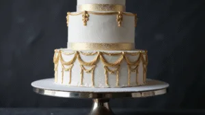Majestic 4-tier white wedding cake with smooth buttercream finish and gold leaf accents, displayed on a mirrored silver stand against a dark charcoal backdrop, showcasing intricate piping and geometric patterns with dramatic lighting and hyperrealistic detail.