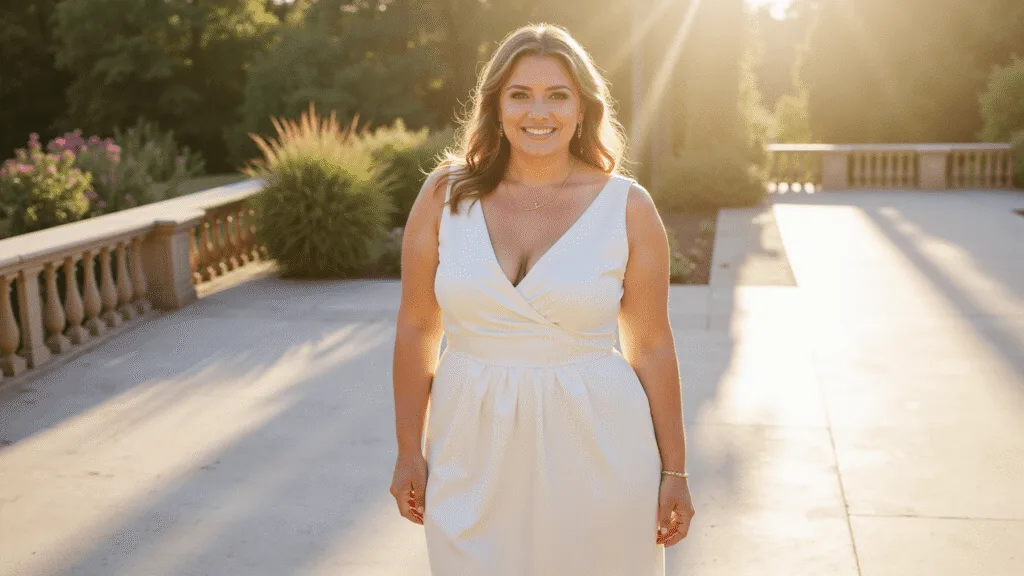 Bride-to-be in a white satin midi dress stands on a sunlit terrace, showcasing soft shadows on marble floors and wearing minimal gold jewelry, with loose waves in her hair and natural makeup, captured in warm, romantic lighting.