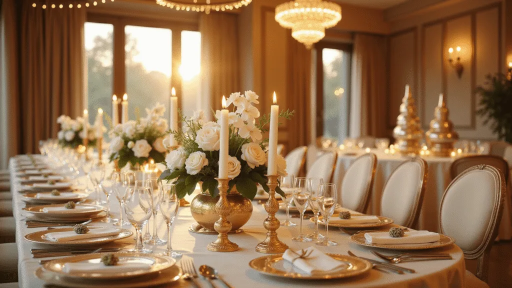 Elegant dinner party tablescape in a grand ballroom featuring a marble table dressed in ivory silk, gold-rimmed plates, crystal glassware, and floral arrangements, illuminated by golden hour light and chandeliers, with intimate string lights overhead.